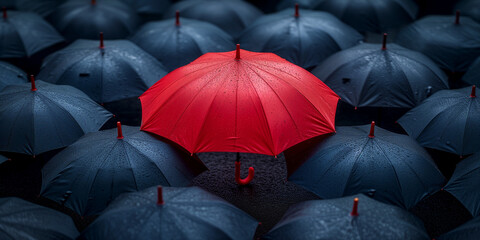 Striking Red Umbrella Standing Out among Black Umbrellas - Unique Concept Background  - obrazy, fototapety, plakaty