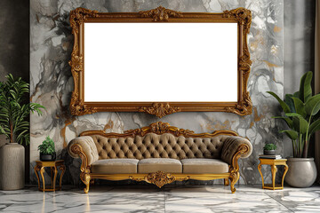 Golden luxury transparent empty photo frame on marble wall, Royal interior luxury decor frame mock up for photo, picture, art