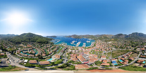360 degree panoramic view of Gocek city in Turkey. A small, cozy town with a busy harbor with many expensive luxury yachts. Seamless HDRI spherical panorama