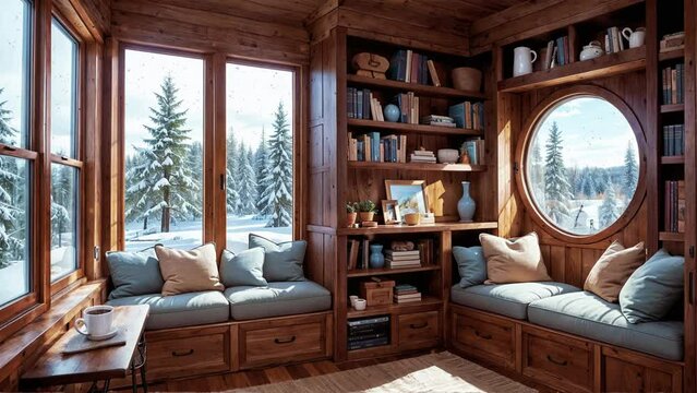 A nook is a small, cozy place in a corner of a house. There is a snowy landscape outside the window. 