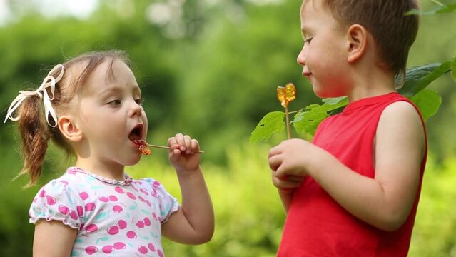 Little pretty girl and boy lick lollipops in green park