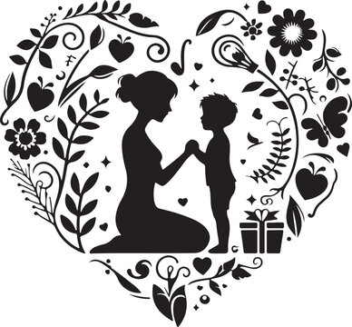 silhouette of Mom and child in heart shape Vector illustration 