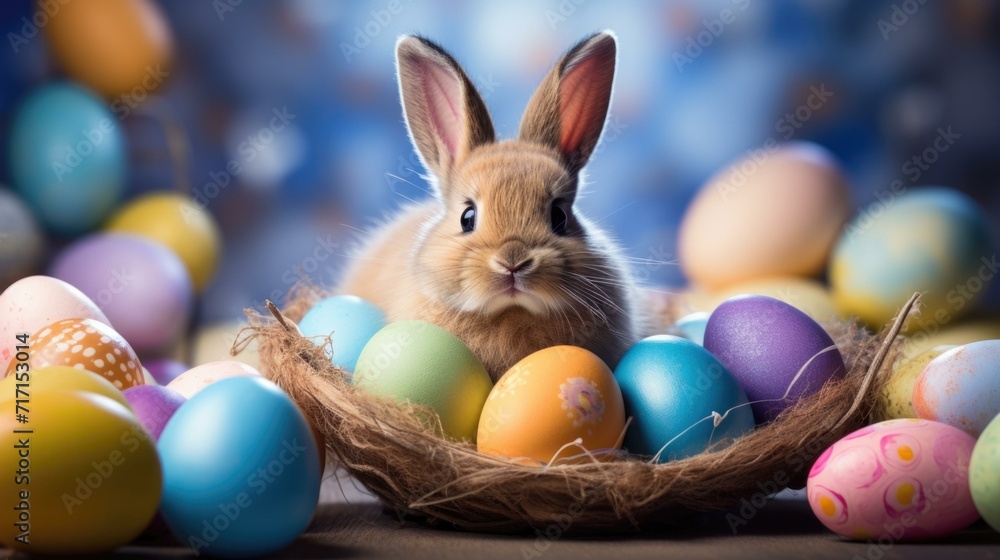 Aufkleber a bunny is sitting in a nest with colorful eggs. generative ai.