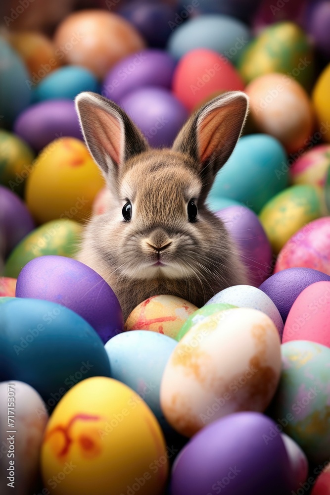 Poster a small brown rabbit is surrounded by colorful eggs. generative ai.