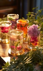 Four glasses filled with water and flowers. Generative AI.