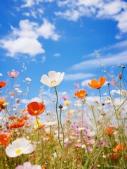 Naklejka premium A field of flowers with blue sky in the background. Generative AI.