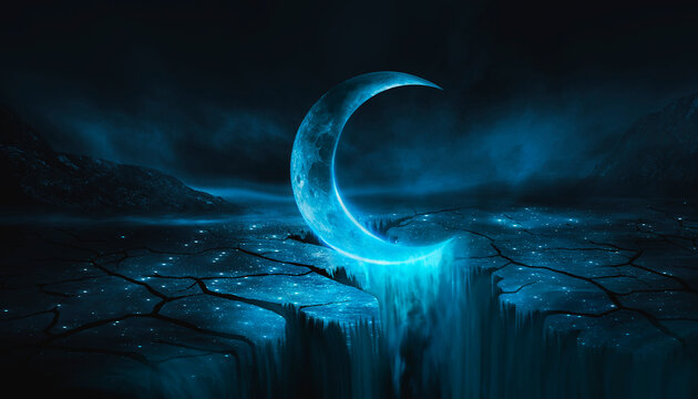 Fantasy night landscape with a crescent moon, a large fault in the earth, a ravine, blue neon. 