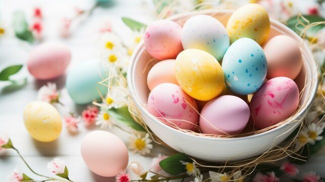 Colorful easter eggs in a bowl on a wooden table. Generative AI.
