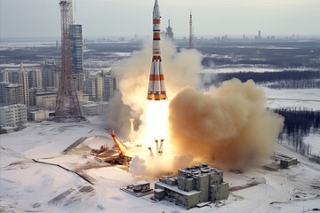 Rockets thrilling ascent. Capturing the dynamic moment as it soars into the sky