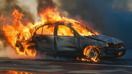 Car is ablaze during daytime, with intense flames consuming its interior and exterior. - obrazy, fototapety, plakaty