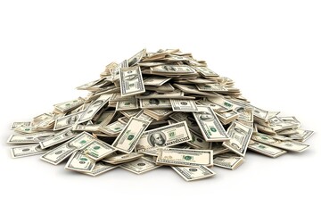 Money stack perfection: Explore a 3D illustration featuring a substantial pile of American dollar bills without shadows, symbolizing opulence and financial prosperity.