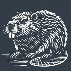 Beaver. Vintage woodcut style vector illustration on dark background.