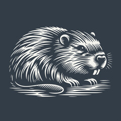 Beaver. Vintage woodcut style vector illustration on dark background.