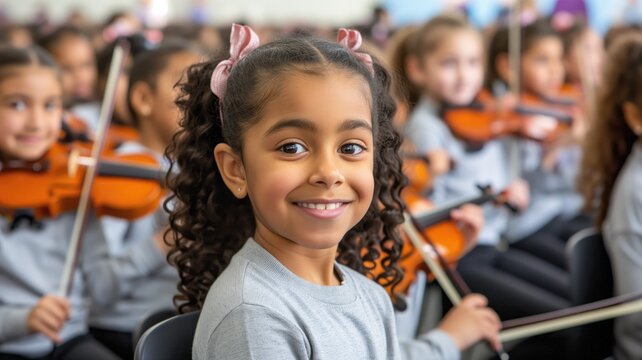 Young girl with curly hair smiling, holding a violin in a school orchestra