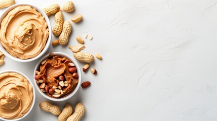 Assortment of peanut butter bowls on white background