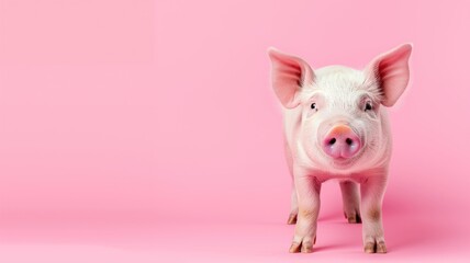 Piglet on a pink background with a direct gaze