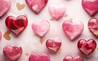 Obraz premium Heart-shaped red stones on a marble pink background, perfect for a spa-themed setting. Flat lay backdrop. Femine abstract design