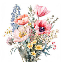 Watercolor floral bouquet with poppies and forget-me-nots