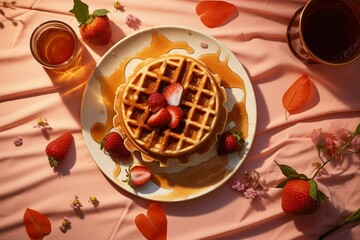 Waffles with strawberries on a plate and a cup of tea.