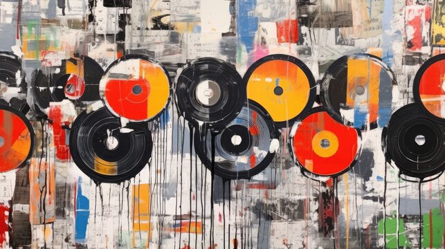 Generative AI, Grunge Vinyl Records, pop art graffiti, vibrant color. Ink melted paint street art on a textured paper vintage background	
