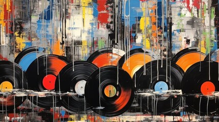 Generative AI, Grunge Vinyl Records, pop art graffiti, vibrant color. Ink melted paint street art on a textured paper vintage background	
