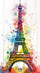 A colorful and dynamic watercolor painting of the Eiffel Tower, with a vivid abstract background that contrasts with the detailed depiction of the tower.