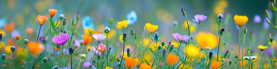 Background of Spring wildflowers. A serene image capturing delicate wildflowers against a dreamy, soft focus background of greens and blues