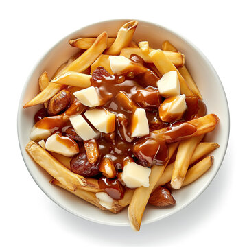 A close-up image showcasing a bowl of classic poutine, featuring crispy fries topped with cheese curds and rich brown gravy