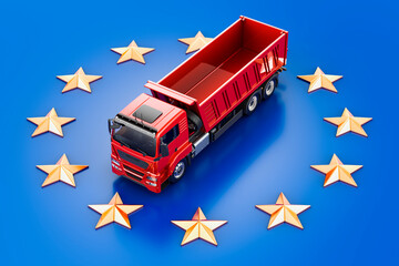 Tipper Truck on the European Union flag, 3D rendering