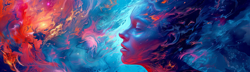 Painting of a Woman With Long Hair, Colorful Digital Painting, Psychedelic Dream, Hallucination