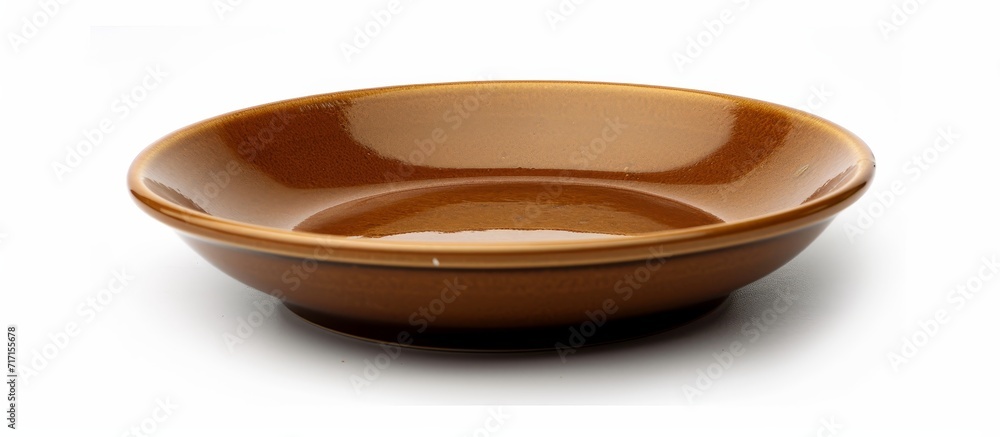 Poster a white background with a clipping path features an empty, isolated brown ceramic plate shaped like 