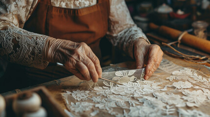 A lacemaker in the midst of creating an intricate lace pattern using traditional tools, with soft natural light enhancing the delicate details of the lacework.