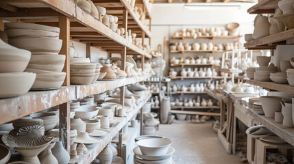 A potter's studio filled with shelves of drying pottery, capturing the essence of a workspace where creativity and artistry come together to form a beautiful array of handmade cera - obrazy, fototapety, plakaty