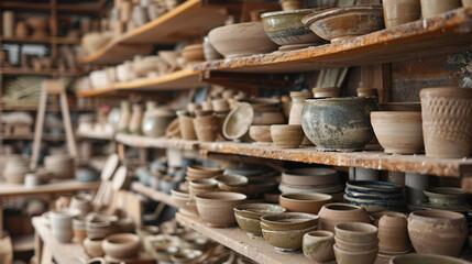 A potter's studio filled with shelves of drying pottery, capturing the essence of a workspace where creativity and artistry come together to form a beautiful array of handmade cera