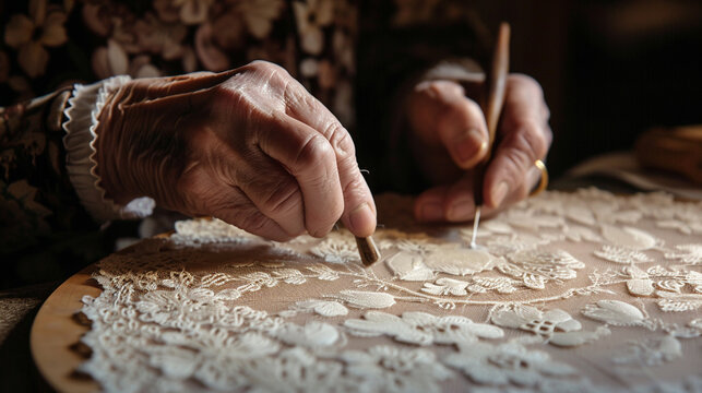 A lacemaker in the midst of creating an intricate lace pattern using traditional tools, with soft natural light enhancing the delicate details of the lacework.