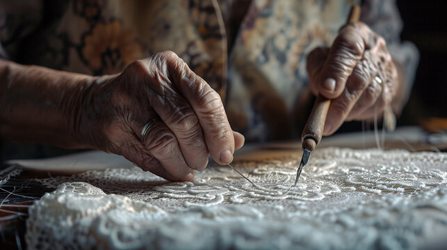 A lacemaker in the midst of creating an intricate lace pattern using traditional tools, with soft natural light enhancing the delicate details of the lacework.