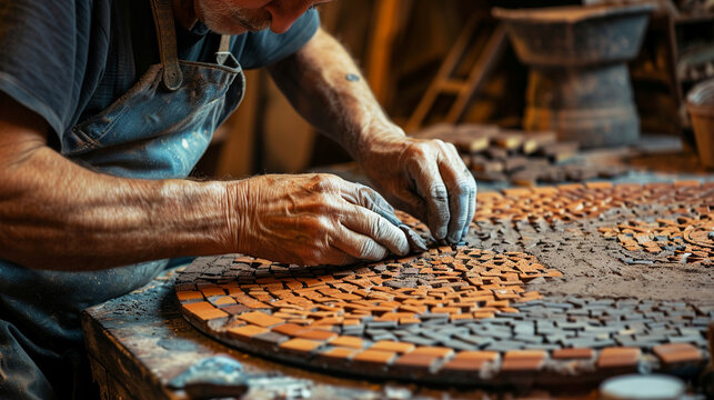 An artisan carefully crafting clay tiles for a mosaic masterpiece, showcasing the meticulous process of creating intricate patterns and designs with handmade clay pieces.