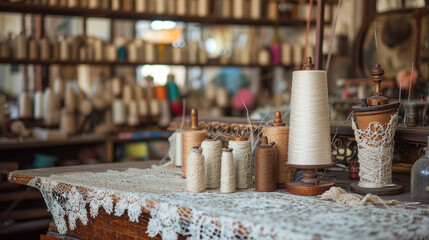A lacemaker's workspace adorned with spools of thread, bobbins, and intricate lace patterns in progress, showcasing the meticulous and detailed art of lace-making. - obrazy, fototapety, plakaty