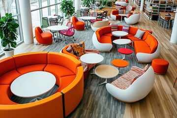 Hot-desking and collaborative seating arrangements.