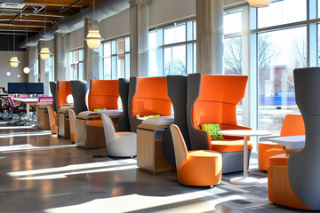 Hot-desking and collaborative seating arrangements.