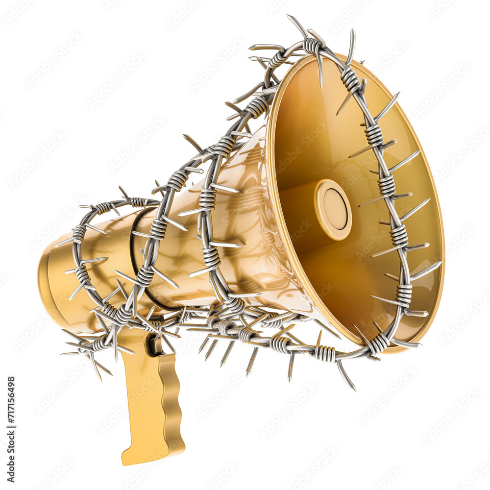 Poster golden megaphone with barbed wire, concept. 3d rendering isolated on transparent background