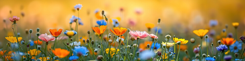 Background of Spring wildflowers. A serene image capturing delicate wildflowers against a dreamy,...