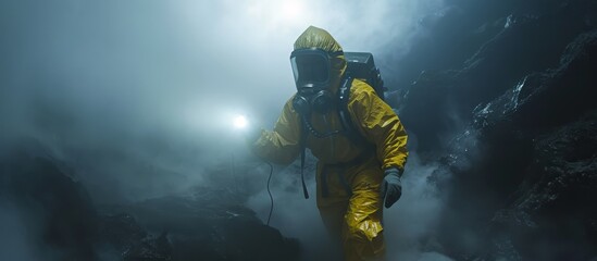 Individual in protective gear with yellow suit uses flashlight within a smokey apocalyptic scenario.