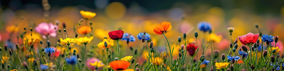 Background of Spring wildflowers. A serene image capturing delicate wildflowers against a dreamy, soft focus background of greens and blues