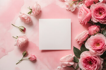 white note paper and pink roses on pink watercolor effect background