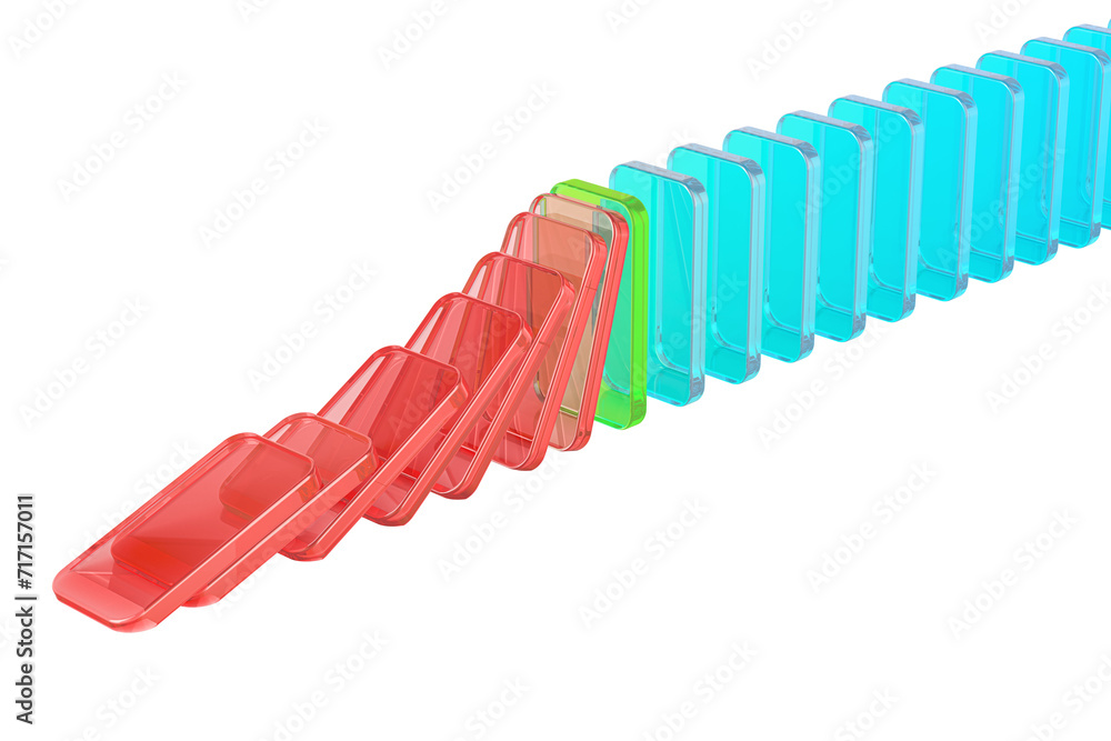 Poster domino effect from glass colored tiles, 3d rendering isolated on transparent background