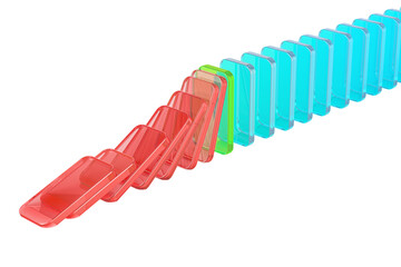 Domino effect from glass colored tiles, 3D rendering isolated on transparent background