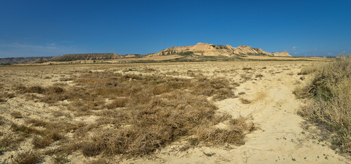 vu panoramique sur le désert de Navarre en Espagne avec ciel bleu 
