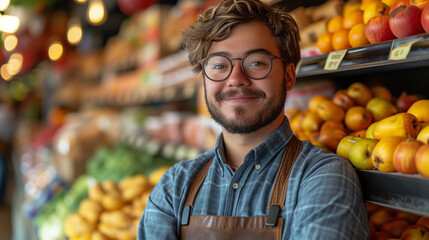 A cheerful man assistant proudly displays fresh fruits and vegetables at grocery shop