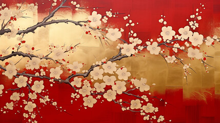 Naklejka na ściany i meble Cherry Blossoms on a Golden Background - Japanese Painting
